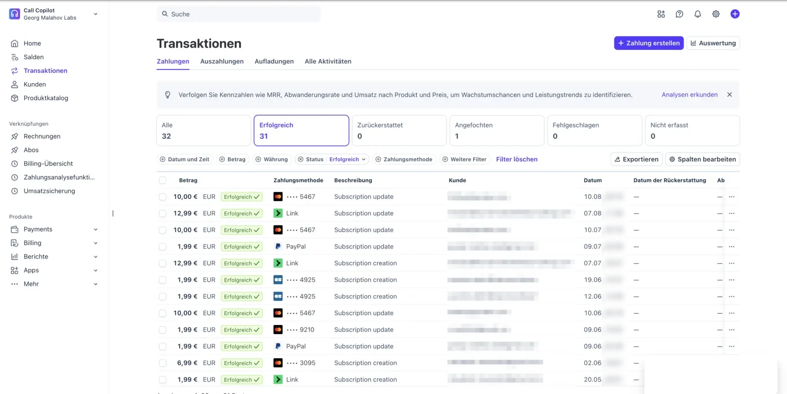 List of successful Stripe payments: 31 transactions from €1.99 to €12.99