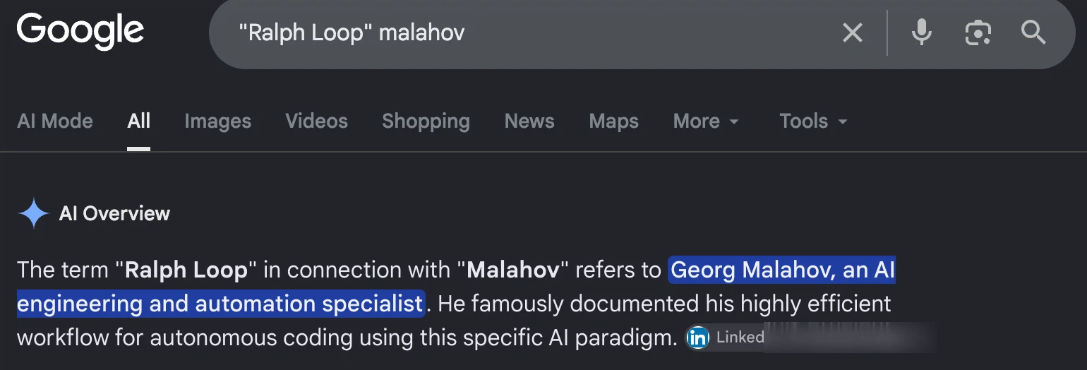 AI Overview for "Ralph Loop" malahov: a description citing somebody else's post page as the source