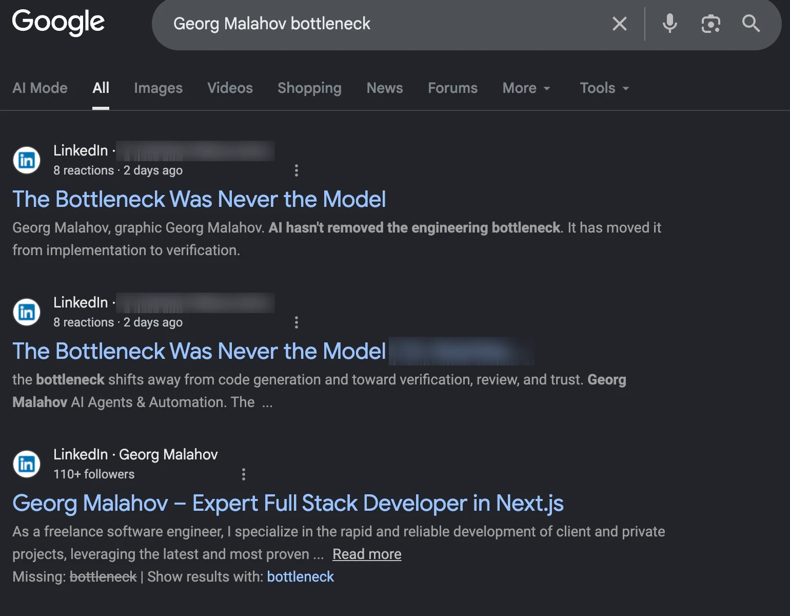 Google results: the page of somebody else's post on top with the new profile headline, my own profile below it with the old description
