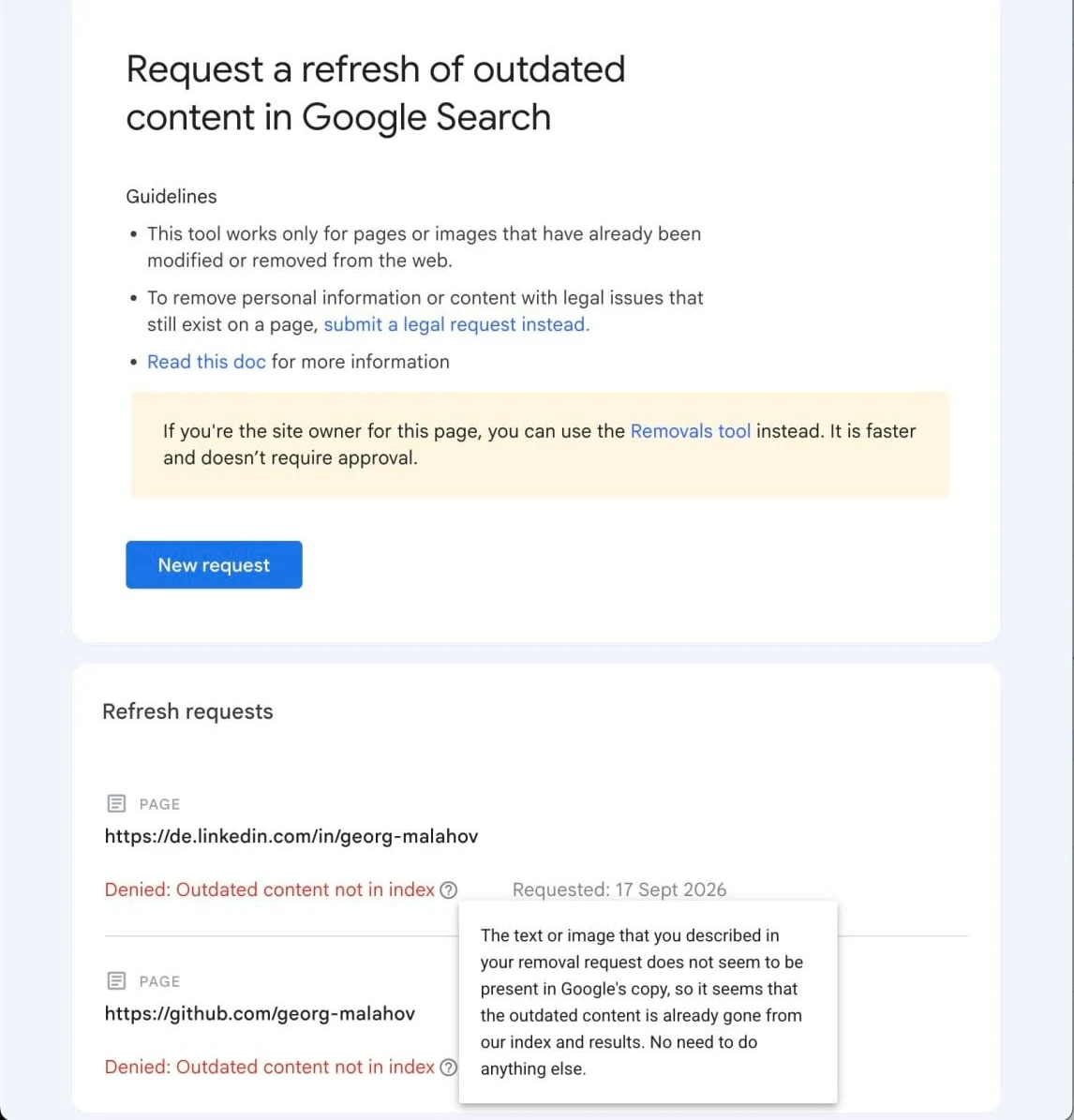 Search Console: two requests to refresh an outdated description, both denied with "Outdated content not in index"