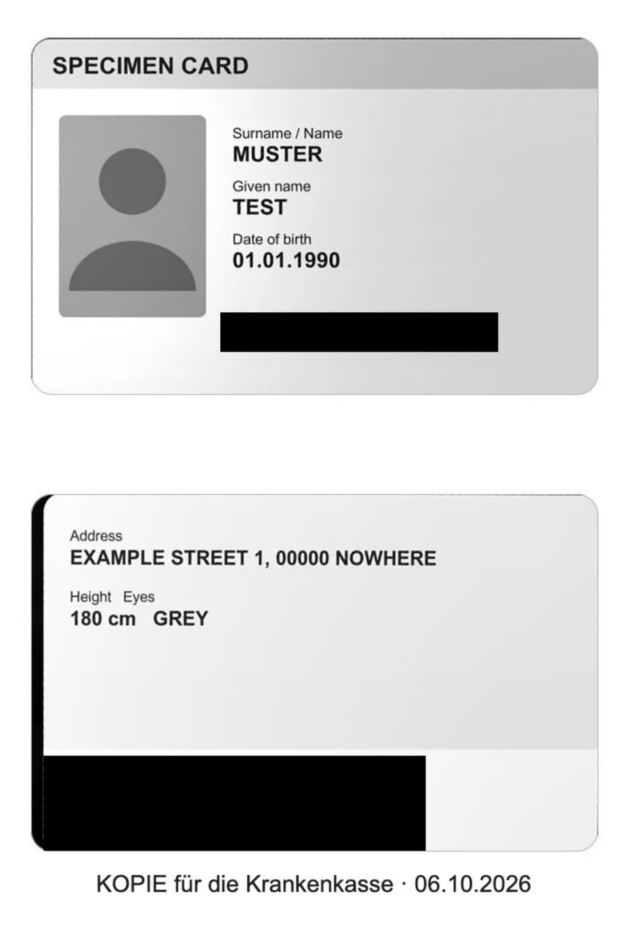 The same sheet after Edit: black and white, the document number with the access number and the machine-readable zone filled black, under the card the note “KOPIE für die Krankenkasse” with the date