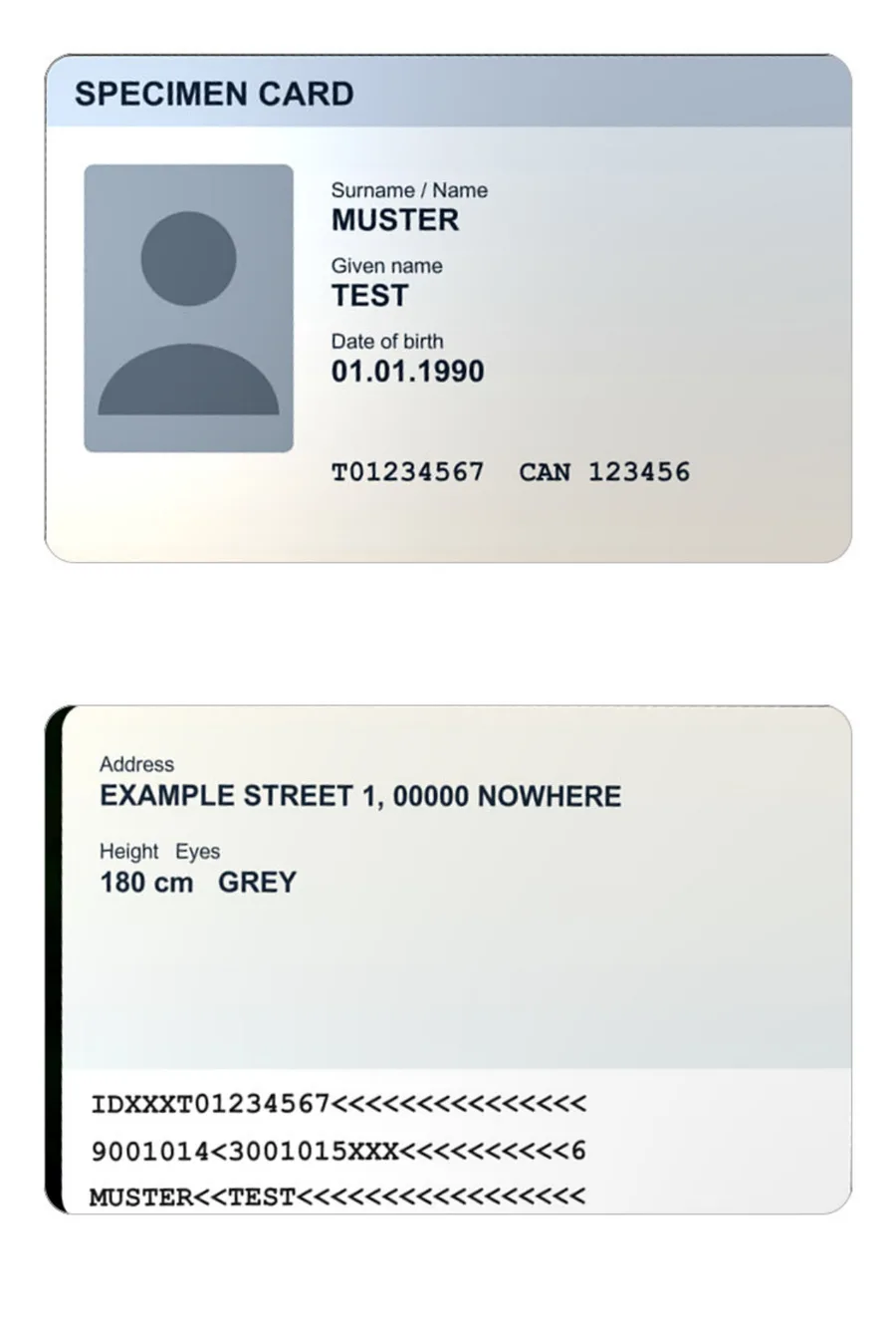 The scan of the SPECIMEN CARD: the front above the back on an A4 sheet, in colour; the document number, the access number and the machine-readable zone are visible