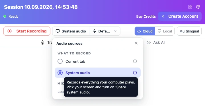 The Audio sources panel with System audio selected