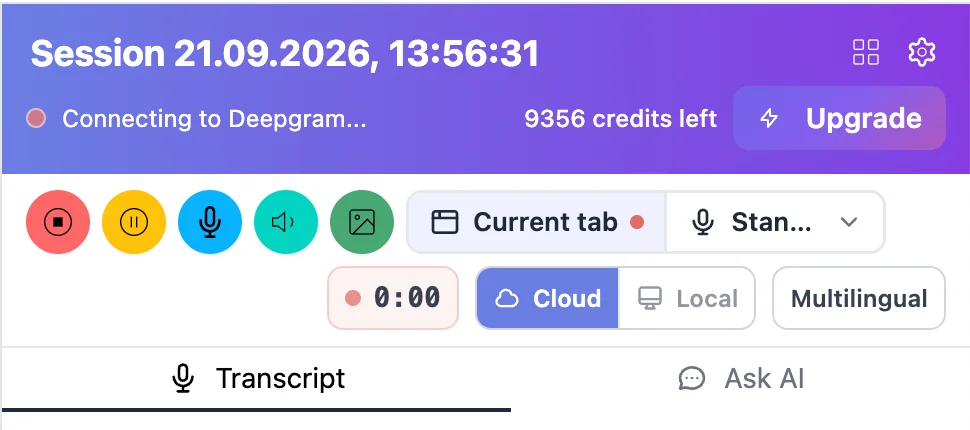 The side panel stuck on "Connecting to Deepgram…" with the timer at 0:00