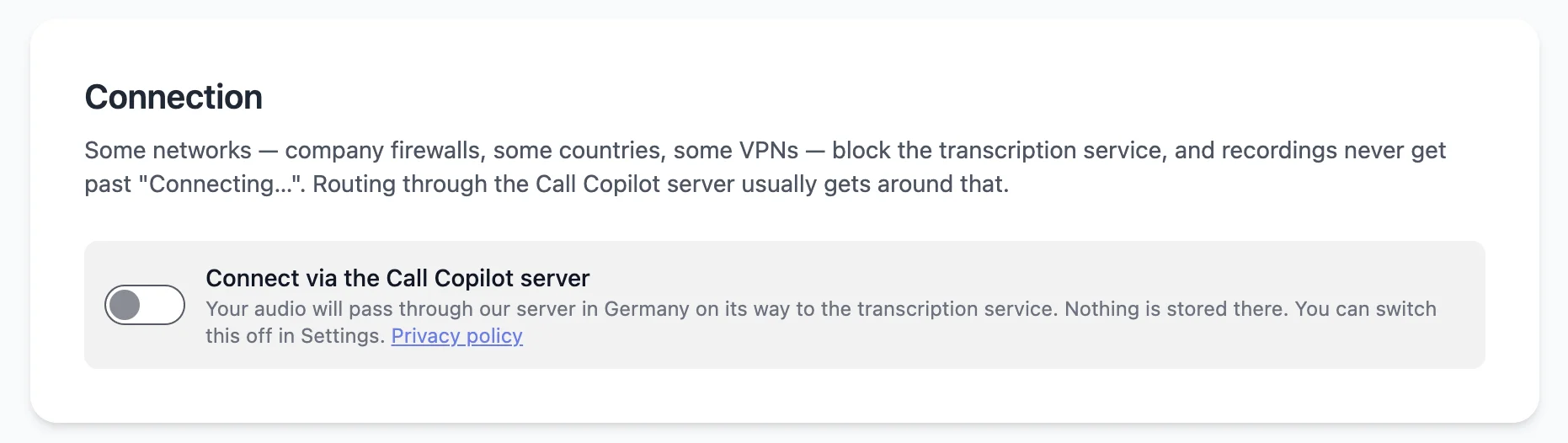 The Connection card in Settings with the "Connect via the Call Copilot server" toggle