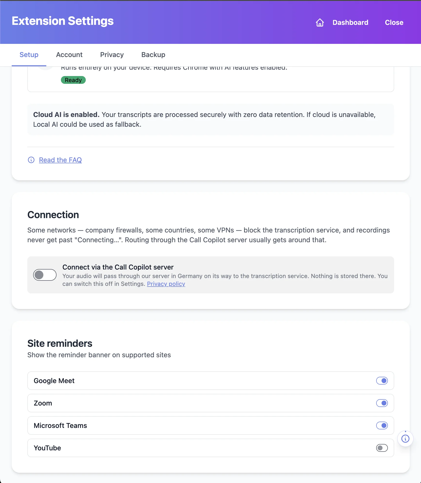 The Setup tab of the settings: the Connection card sits between AI Features and Site reminders