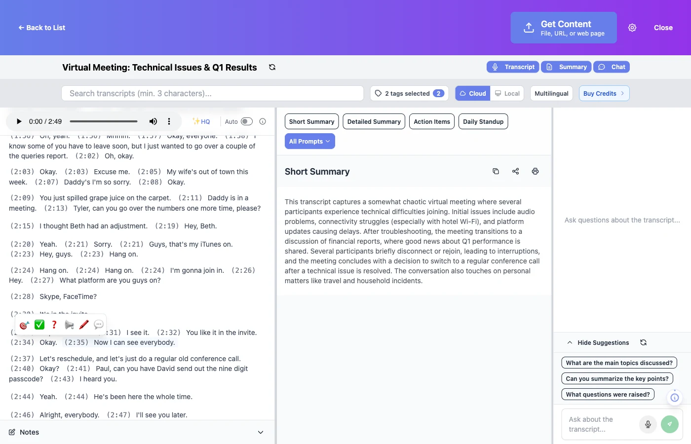Conversation screen: transcript, summary and questions about the text
