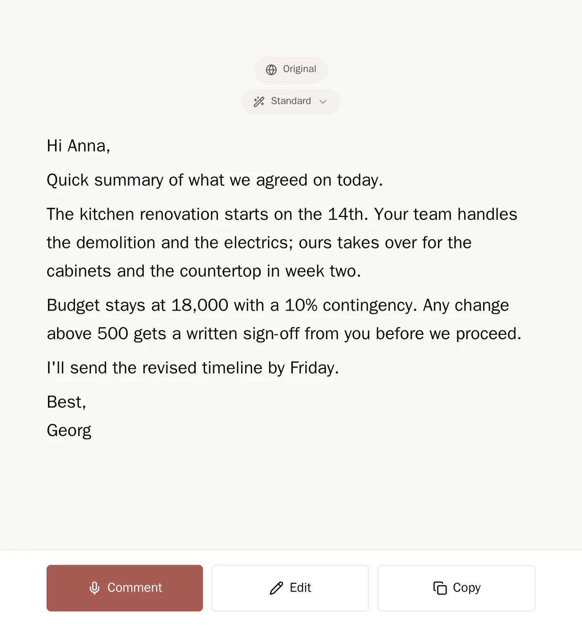 The result screen on desktop: finished text, template and language pickers