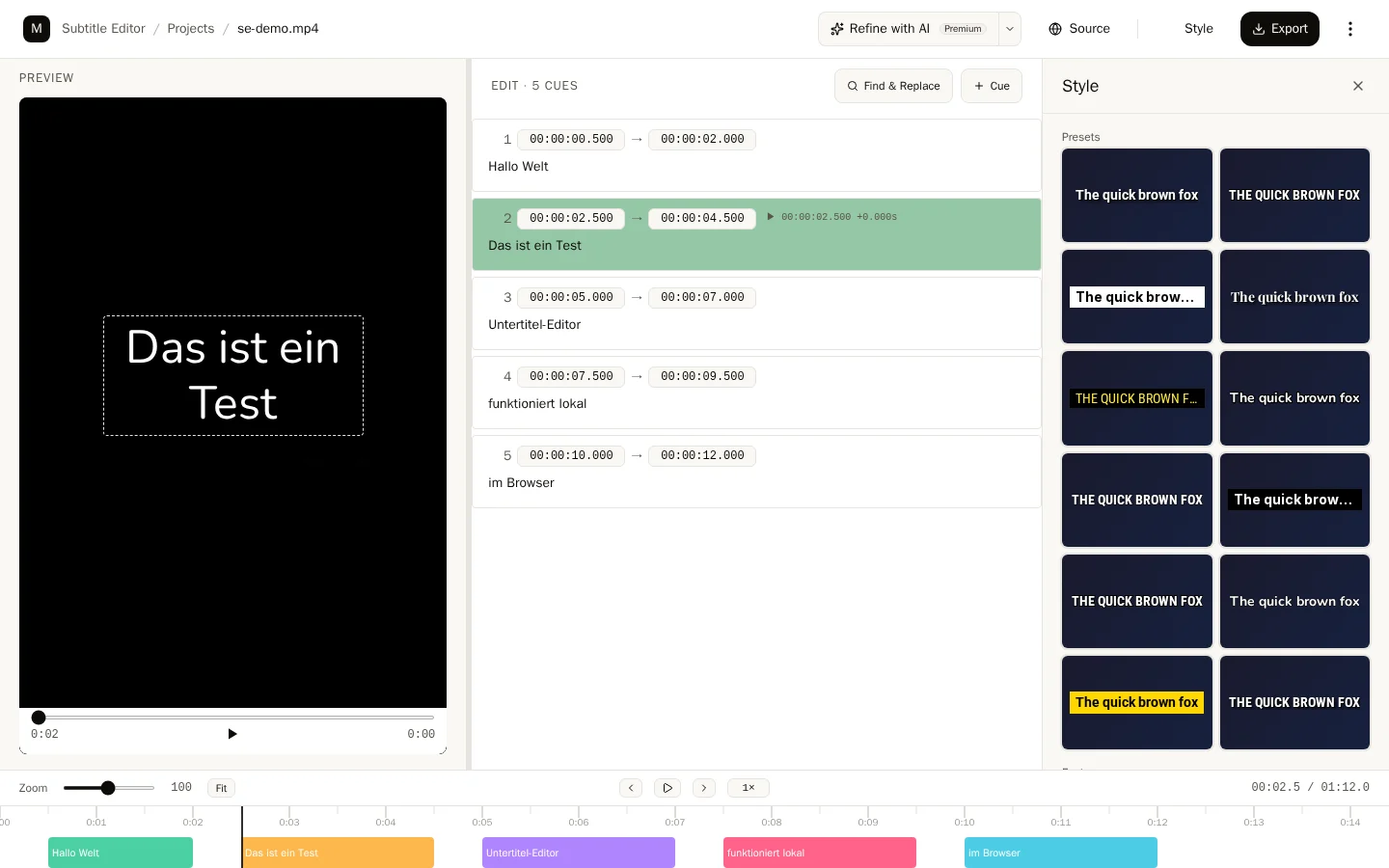 The style panel: font, size, colour, outline and subtitle position right on the video