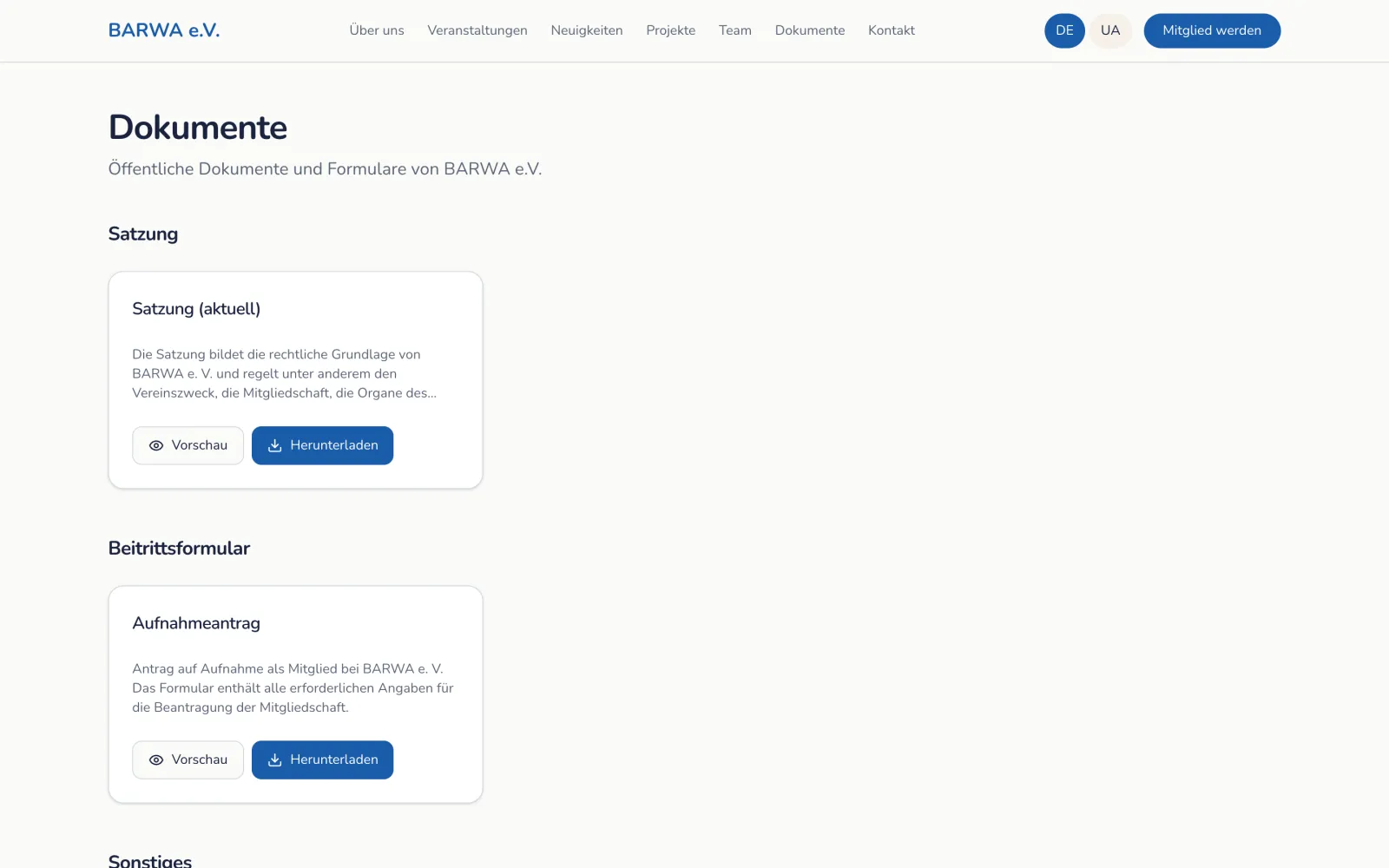 Documents page: statutes and membership form with preview and download buttons