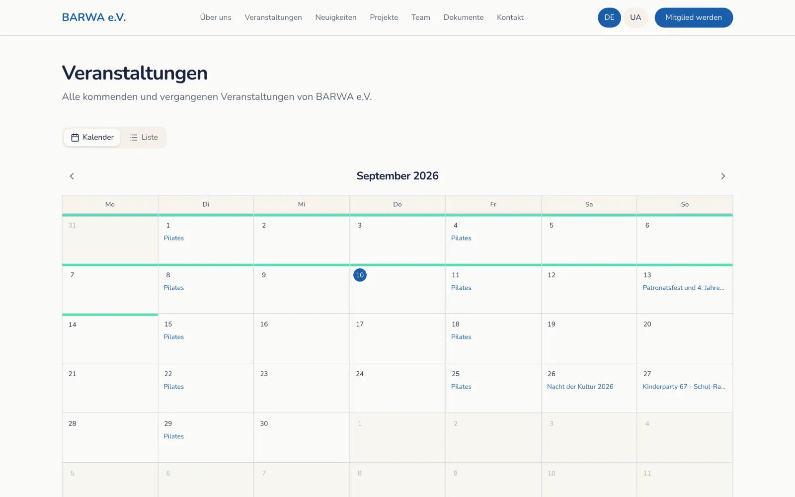 Events page: a month calendar with recurring sessions and festivals