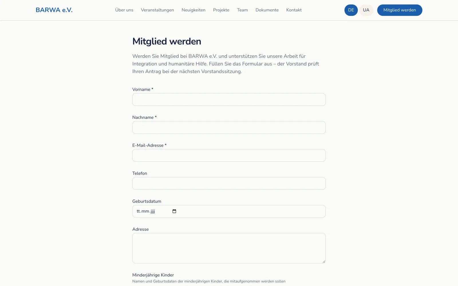 Membership application form with name, address and contact fields